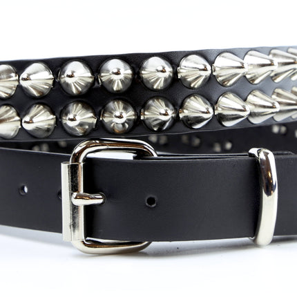 BT154  2 ROW UK77 TALL CONE STUDDED GENUINE LEATHER BELT