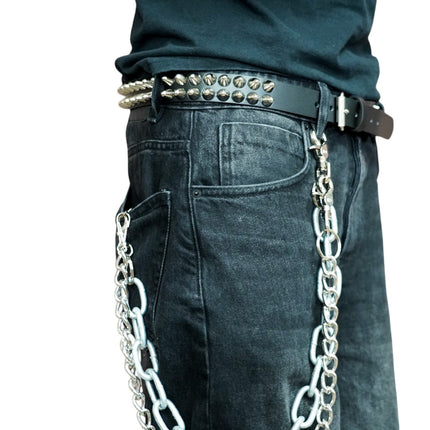 BT154  2 ROW UK77 TALL CONE STUDDED GENUINE LEATHER BELT