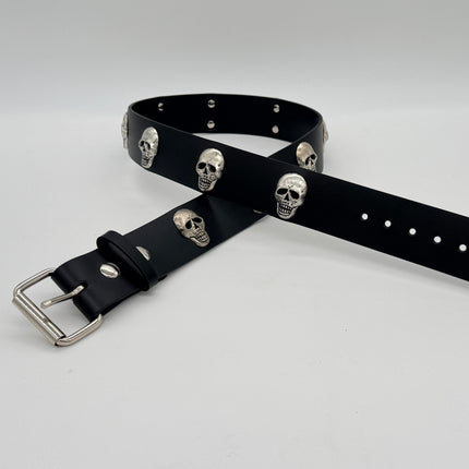 BT158 BLACK LEATHER SKULL HEAD STUDDED BELT