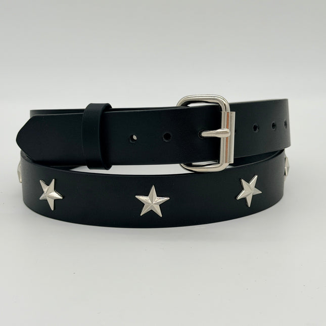 BT159 BLACK LEATHER STAR STUDDED BELT