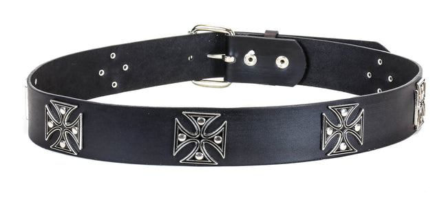 BT179BLK BLACK LEATHER BELT WITH IRON CROSS STUDS