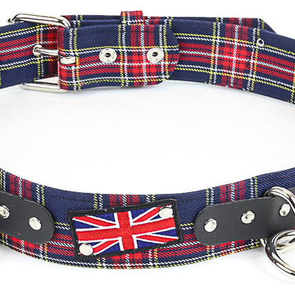 BT165PD-BLU  PLAID UNION JACK PATCH BONDAGE BELT