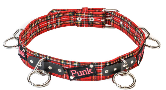 BT165PD-RED  PLAID PUNK PATCH BONDAGE BELT