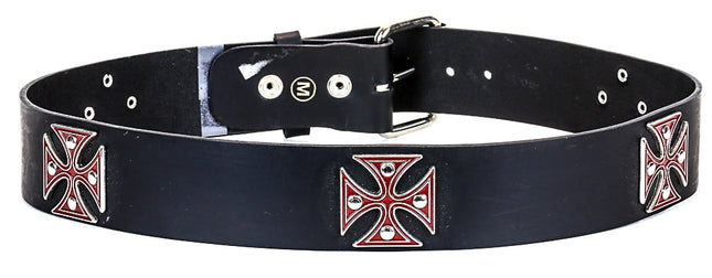 BT179BLK-RED BLACK PATENT LEATHER BELT WITH RED IRON CROSS STUDS