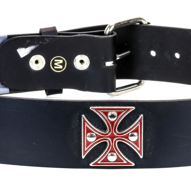 BT179BLK-RED BLACK PATENT LEATHER BELT WITH RED IRON CROSS STUDS