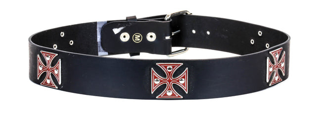 BT179BLK-RED BLACK PATENT LEATHER BELT WITH RED IRON CROSS STUDS