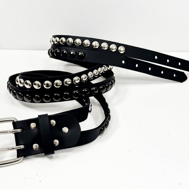 BT173CC-BS  DOUBLE  STRAP STUDDED BELT BLACK AND SILVER CONICAL STUD