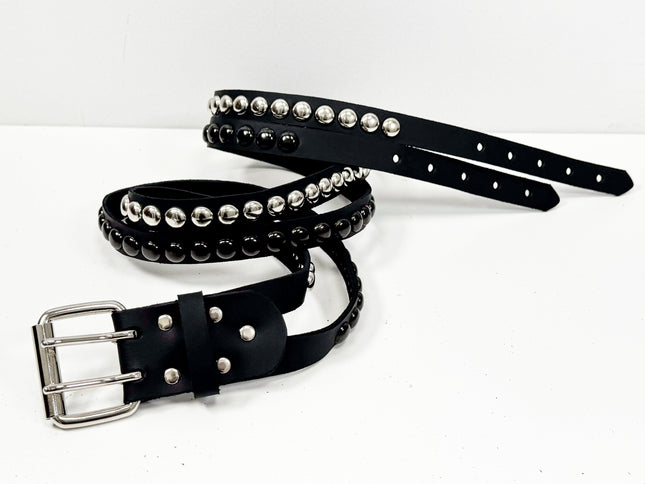 BT173CC-BS  DOUBLE  STRAP STUDDED BELT BLACK AND SILVER CONICAL STUD