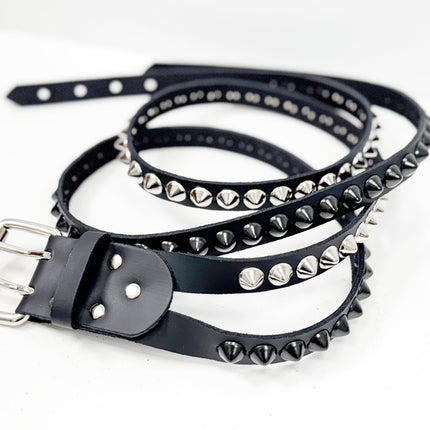 BT173CC-BS  DOUBLE  STRAP STUDDED BELT BLACK AND SILVER CONICAL STUD