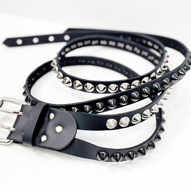 BT173CC-BS  DOUBLE  STRAP STUDDED BELT BLACK AND SILVER CONICAL STUD