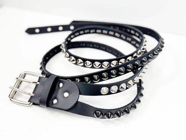 BT173CC-BS  DOUBLE  STRAP STUDDED BELT BLACK AND SILVER CONICAL STUD