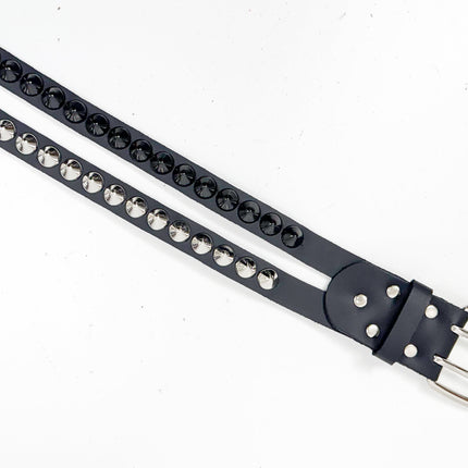 BT173CC-BS  DOUBLE  STRAP STUDDED BELT BLACK AND SILVER CONICAL STUD