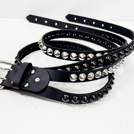 BT173CC-BS  DOUBLE  STRAP STUDDED BELT BLACK AND SILVER CONICAL STUD