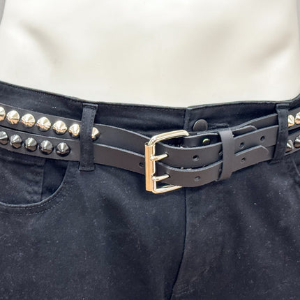 BT173CC-BS  DOUBLE  STRAP STUDDED BELT BLACK AND SILVER CONICAL STUD
