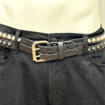 BT173CC-BS  DOUBLE  STRAP STUDDED BELT BLACK AND SILVER CONICAL STUD