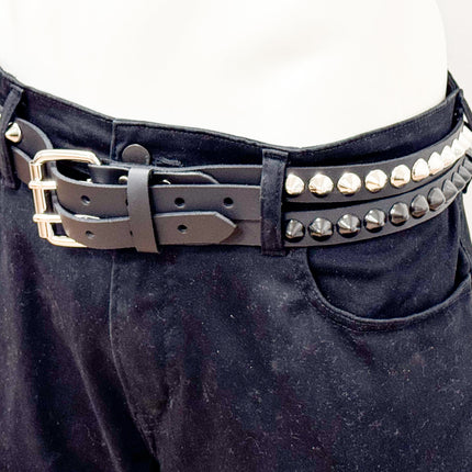 BT173CC-BS  DOUBLE  STRAP STUDDED BELT BLACK AND SILVER CONICAL STUD