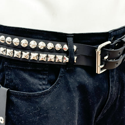 BT173PC  DOUBLE  STRAP STUDDED BELT CONICAL AND PYRAMID STUD