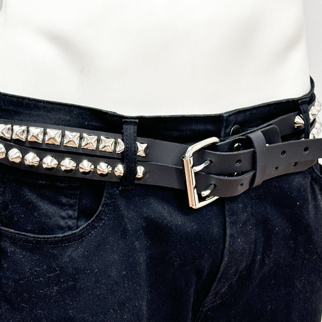 BT173PC  DOUBLE  STRAP STUDDED BELT CONICAL AND PYRAMID STUD