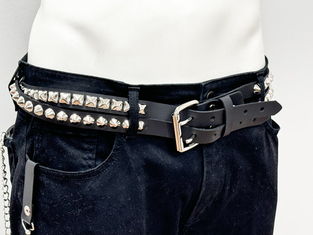 BT173PC  DOUBLE  STRAP STUDDED BELT CONICAL AND PYRAMID STUD
