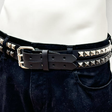 BT173PP-BS  DOUBLE  STRAP STUDDED BELT BLACK AND SILVER PYRAMID