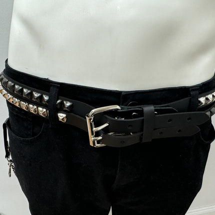 BT173PP-BS  DOUBLE  STRAP STUDDED BELT BLACK AND SILVER PYRAMID