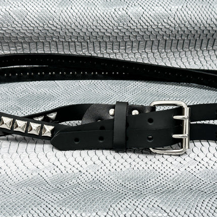 BT173PP-BS  DOUBLE  STRAP STUDDED BELT BLACK AND SILVER PYRAMID