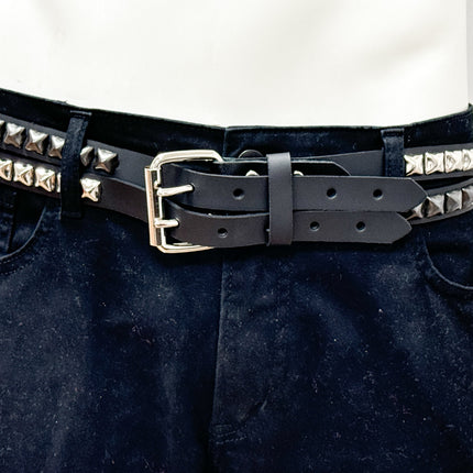 BT173PP-BS  DOUBLE  STRAP STUDDED BELT BLACK AND SILVER PYRAMID