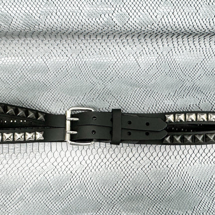 BT173PP-BS  DOUBLE  STRAP STUDDED BELT BLACK AND SILVER PYRAMID