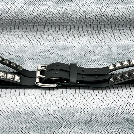 BT173PP-BS  DOUBLE  STRAP STUDDED BELT BLACK AND SILVER PYRAMID