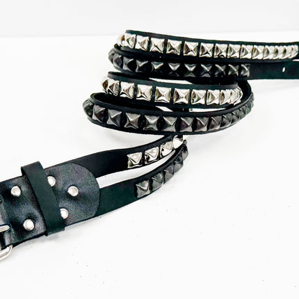BT173PP-BS  DOUBLE  STRAP STUDDED BELT BLACK AND SILVER PYRAMID