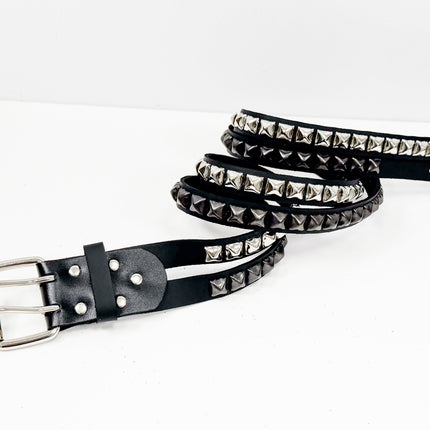 BT173PP-BS  DOUBLE  STRAP STUDDED BELT BLACK AND SILVER PYRAMID