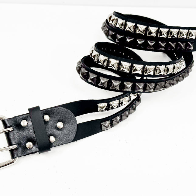 BT173PP-BS  DOUBLE  STRAP STUDDED BELT BLACK AND SILVER PYRAMID