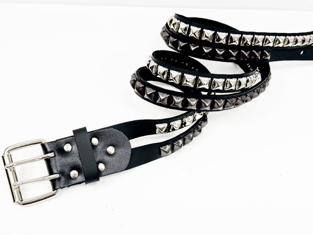BT173PP-BS  DOUBLE  STRAP STUDDED BELT BLACK AND SILVER PYRAMID