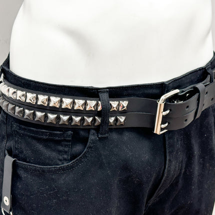 BT173PP-BS  DOUBLE  STRAP STUDDED BELT BLACK AND SILVER PYRAMID