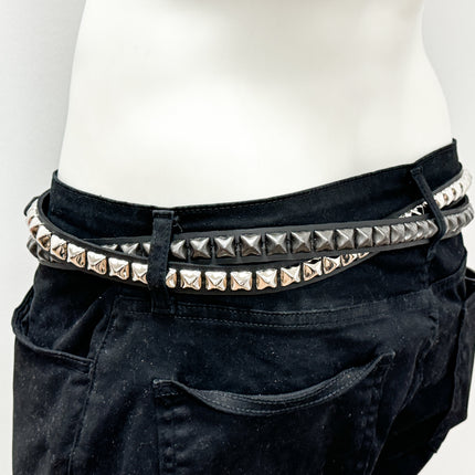 BT173PP-BS  DOUBLE  STRAP STUDDED BELT BLACK AND SILVER PYRAMID