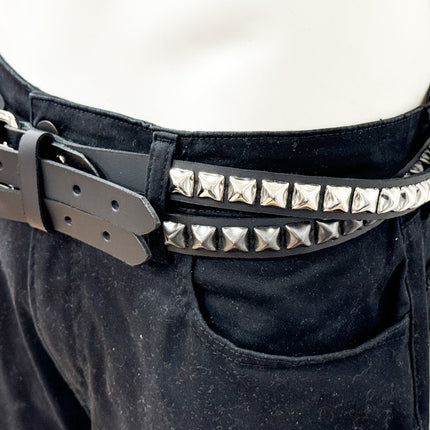 BT173PP-BS  DOUBLE  STRAP STUDDED BELT BLACK AND SILVER PYRAMID