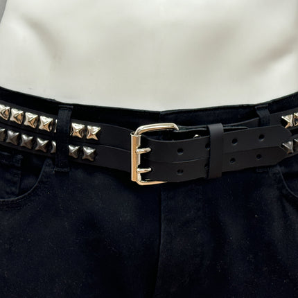 BT173PP-BS  DOUBLE  STRAP STUDDED BELT BLACK AND SILVER PYRAMID