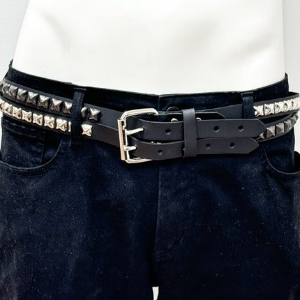 BT173PP-BS  DOUBLE  STRAP STUDDED BELT BLACK AND SILVER PYRAMID