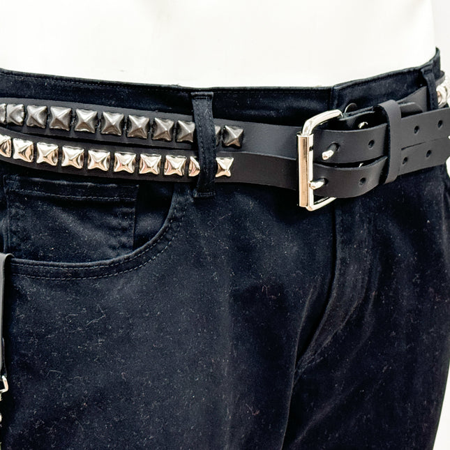 BT173PP-BS  DOUBLE  STRAP STUDDED BELT BLACK AND SILVER PYRAMID