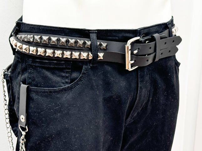 BT173PP-BS  DOUBLE  STRAP STUDDED BELT BLACK AND SILVER PYRAMID