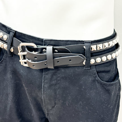 BT173PR DOUBLE  STRAP STUDDED BELT ROUND STUD AND PYRAMID STUD