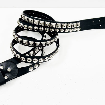 BT173PR DOUBLE  STRAP STUDDED BELT ROUND STUD AND PYRAMID STUD