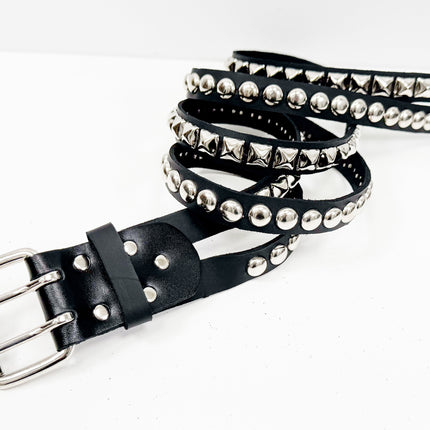 BT173PR DOUBLE  STRAP STUDDED BELT ROUND STUD AND PYRAMID STUD