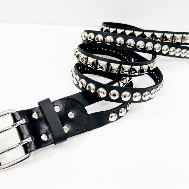 BT173PR DOUBLE  STRAP STUDDED BELT ROUND STUD AND PYRAMID STUD