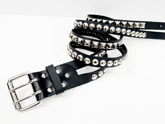 BT173PR DOUBLE  STRAP STUDDED BELT ROUND STUD AND PYRAMID STUD