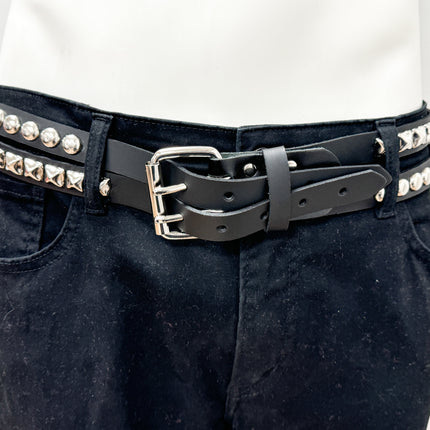 BT173PR DOUBLE  STRAP STUDDED BELT ROUND STUD AND PYRAMID STUD