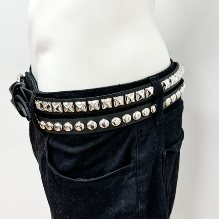 BT173PR DOUBLE  STRAP STUDDED BELT ROUND STUD AND PYRAMID STUD