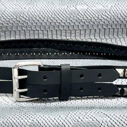 BT173PR DOUBLE  STRAP STUDDED BELT ROUND STUD AND PYRAMID STUD
