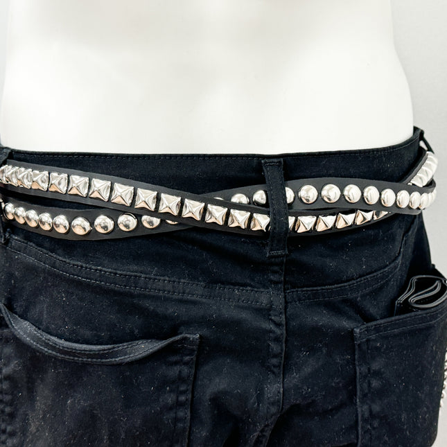 BT173PR DOUBLE  STRAP STUDDED BELT ROUND STUD AND PYRAMID STUD