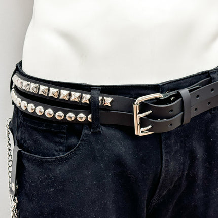 BT173PR DOUBLE  STRAP STUDDED BELT ROUND STUD AND PYRAMID STUD